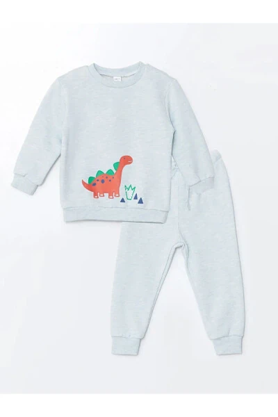 LCW ECO Blue Melange Crew Neck Long Sleeve Printed Baby Boy Sweatshirt and Sweatpants 2-Piece Set - 1