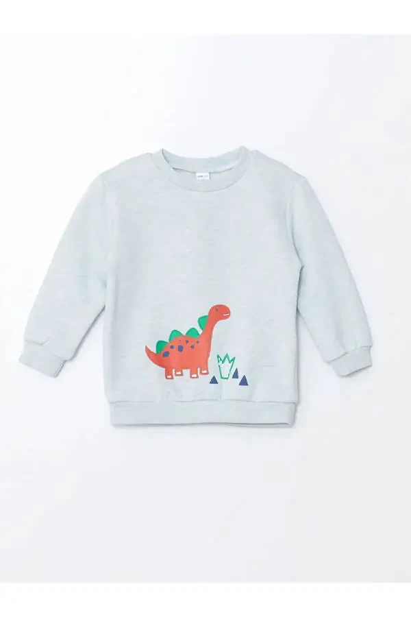 LCW ECO Blue Melange Crew Neck Long Sleeve Printed Baby Boy Sweatshirt and Sweatpants 2-Piece Set - 2