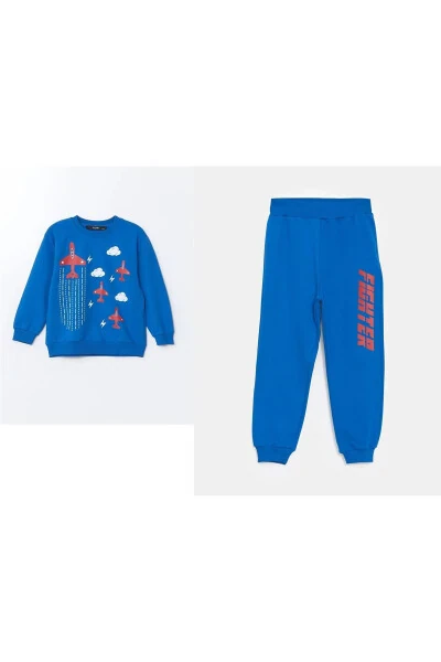 LCW Kids Blue Crew Neck Printed Baby Boy 2-Piece Sweatshirt Set - LC WAIKIKI