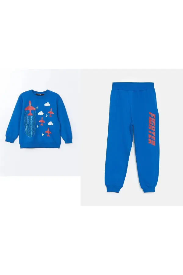 LCW Kids Blue Crew Neck Printed Baby Boy 2-Piece Sweatshirt Set - 1