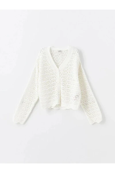 LCW Kids Ecru V-Neck Braided Pattern Long Sleeve Knit Cardigan for Girls - 10