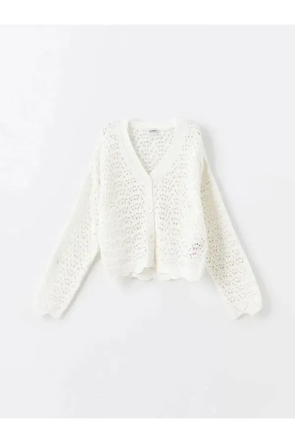 LCW Kids Ecru V-Neck Braided Pattern Long Sleeve Knit Cardigan for Girls - 10