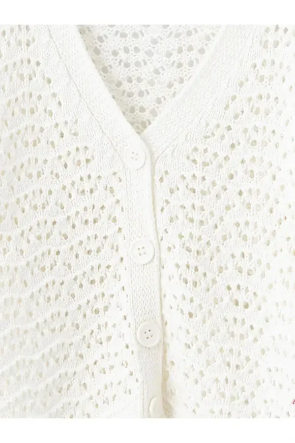 LCW Kids Ecru V-Neck Braided Pattern Long Sleeve Knit Cardigan for Girls - 11