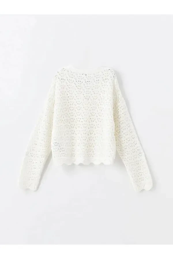 LCW Kids Ecru V-Neck Braided Pattern Long Sleeve Knit Cardigan for Girls - 12