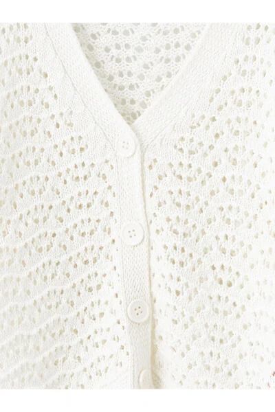 LCW Kids Ecru V-Neck Braided Pattern Long Sleeve Knit Cardigan for Girls - 8