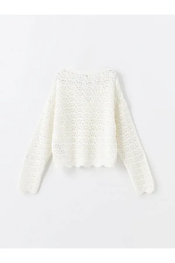 LCW Kids Ecru V-Neck Braided Pattern Long Sleeve Knit Cardigan for Girls - 6