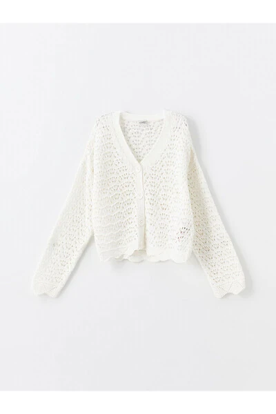 LCW Kids Ecru V-Neck Braided Pattern Long Sleeve Knit Cardigan for Girls - LC WAIKIKI
