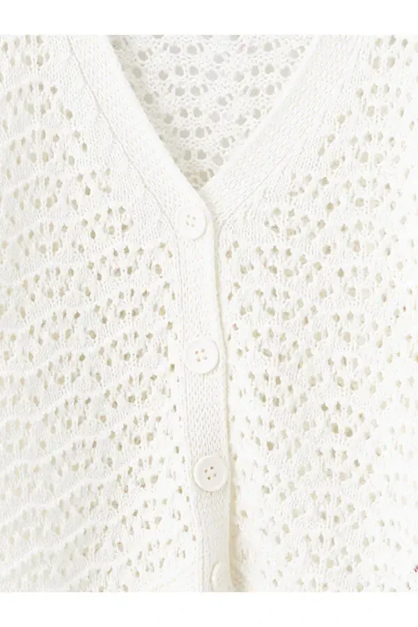 LCW Kids Ecru V-Neck Braided Pattern Long Sleeve Knit Cardigan for Girls - 2