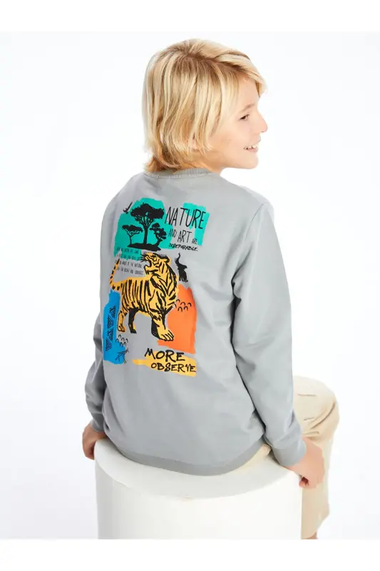 LCW Kids Gri Bisiklet Yaka Baskılı Uzun Kollu Erkek Çocuk Sweatshirt - LC WAIKIKI