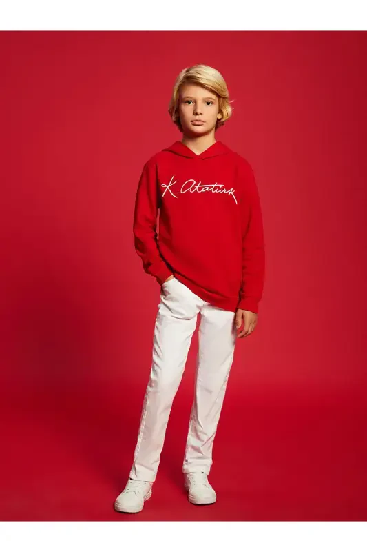LCW Kids Hooded Sweatshirt with Atatürk Signature Print for Boys (W4) - 2