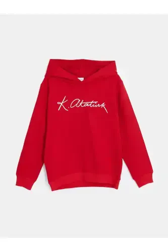 LCW Kids Hooded Sweatshirt with Atatürk Signature Print for Boys (W4) - 3