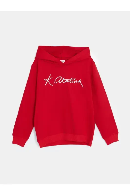 LCW Kids Hooded Sweatshirt with Atatürk Signature Print for Boys (W4) - 3
