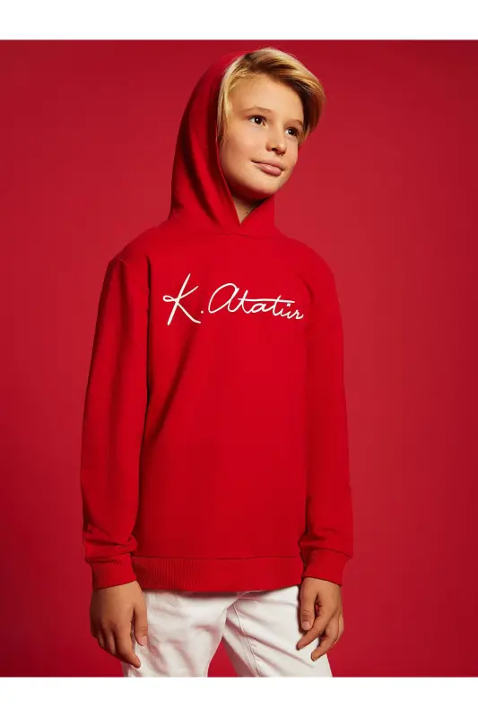 LCW Kids Kapüşonlu Atatürk İmza Baskılı Erkek Çocuk Sweatshirt (W4) - Kırmızı - 1