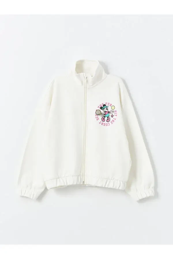 LCW Kids Yorqin Pushti Tik Yaka Minnie Mouse Bosilgan Qiz Bolalar Fermuarli Sviter - 1