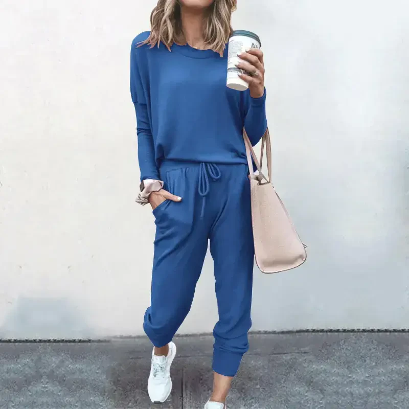 lcziwo Women's 2 Piece Sweatsuit Outfit Fall Long Sleeve Solid Color Long Sleeve and Sweatpants Tracksuit Travel Workout Jogger Sets 2024 Blue M - LCZIWO