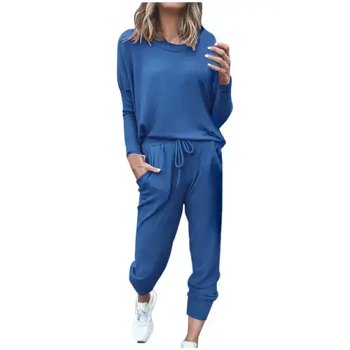 lcziwo Women's 2 Piece Sweatsuit Outfit Fall Long Sleeve Solid Color Long Sleeve and Sweatpants Tracksuit Travel Workout Jogger Sets 2024 Blue M - LCZIWO (1)