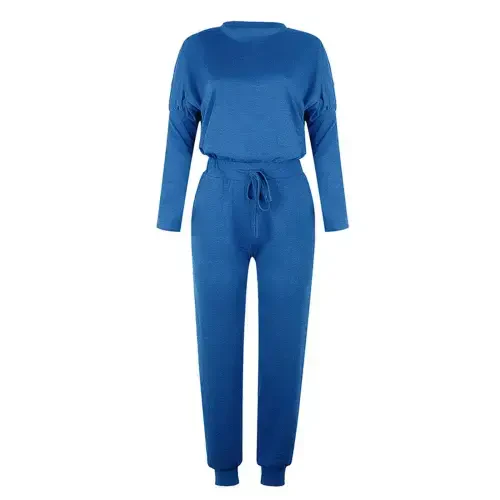 lcziwo Women's 2 Piece Sweatsuit Outfit Fall Long Sleeve Solid Color Long Sleeve and Sweatpants Tracksuit Travel Workout Jogger Sets 2024 Blue M - 4