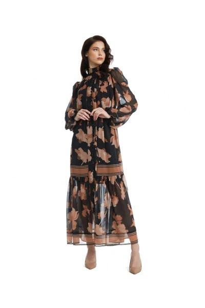 Leaf Pattern Mandarin Collar Chiffon Dress Black Dress 38955 - Modazone