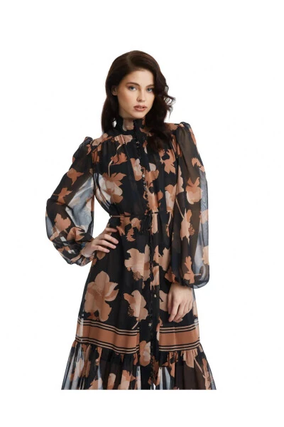 Leaf Pattern Mandarin Collar Chiffon Dress Black Dress 38955 - Modazone (1)