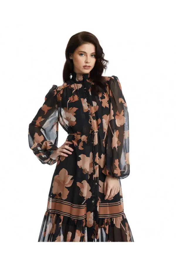 Leaf Pattern Mandarin Collar Chiffon Dress Black Dress 38955 - 2