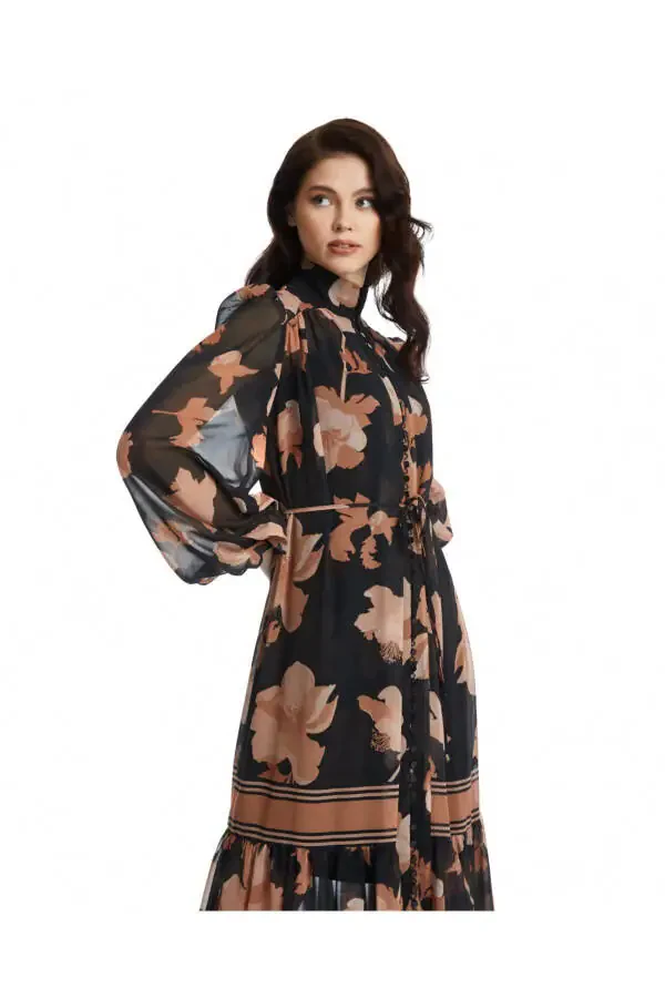 Leaf Pattern Mandarin Collar Chiffon Dress Black Dress 38955 - 3