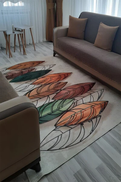 Leaf Pattern Rug Digital Printed Non-Slip Base Washable Runner, Living Room And Hall Rug - SÜNGERSAN