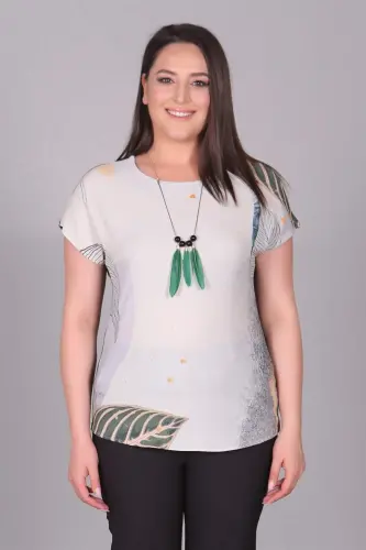 Leaf Patterned Drop Shoulder Khaki Blouse - 1