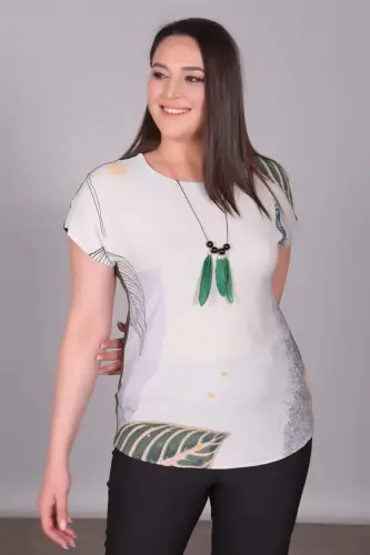 Leaf Patterned Drop Shoulder Khaki Blouse - 4