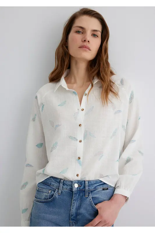 Leaf Print White Shirt Loose Fit - 1