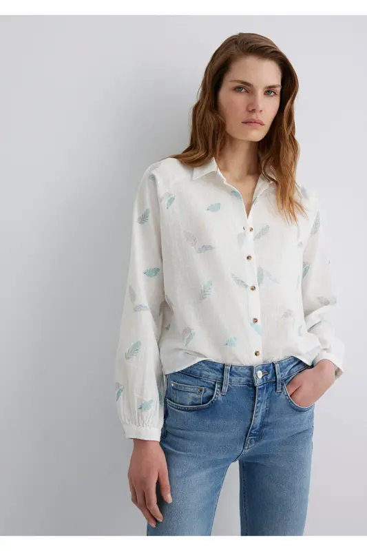 Leaf Print White Shirt Loose Fit - 2