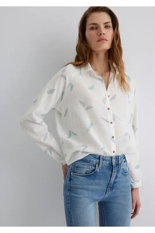 Leaf Print White Shirt Loose Fit - 3