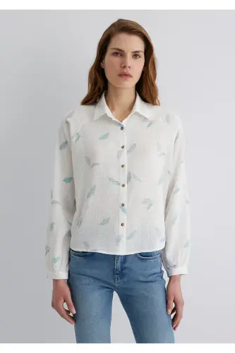 Leaf Print White Shirt Loose Fit - 4