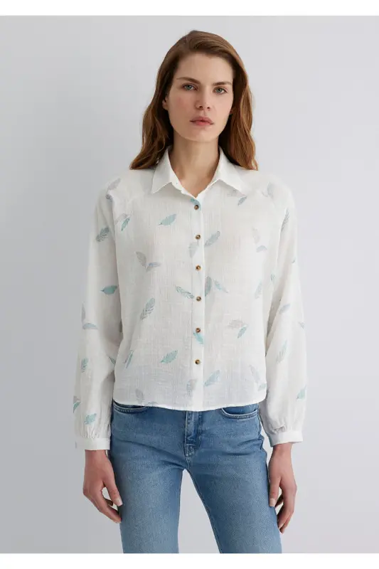 Leaf Print White Shirt Loose Fit - 4