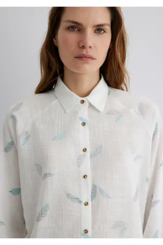 Leaf Print White Shirt Loose Fit - 6