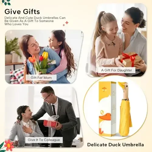 LEAGERA Compact Small Soyabonlar Yomg'ir va Quyosh uchun, Qizlar Sovg'alari uchun Yoqimli O'rdak Boshli Soyabon, Yog'och Dastalik 8 Qirrali Buklanadigan Soyabon - 5