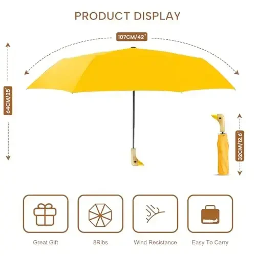 LEAGERA Compact Small Umbrellas for Rain&Sun, Cute Design Duck Head Umbrella for Girls Gifts, 8 Ribs Folding Umbrella with Wooden Handle - 4