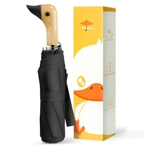 LEAGERA Compact Small Umbrellas for Rain&Sun, Cute Design Duck Head Umbrella for Girls Gifts, 8 Ribs Folding Umbrella with Wooden Handle 