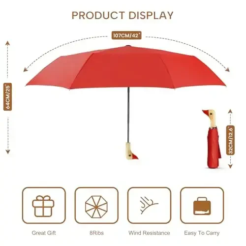 LEAGERA Compact Small Umbrellas for Rain&Sun, Cute Design Duck Head Umbrella for Girls Gifts, 8 Ribs Folding Umbrella with Wooden Handle - 2