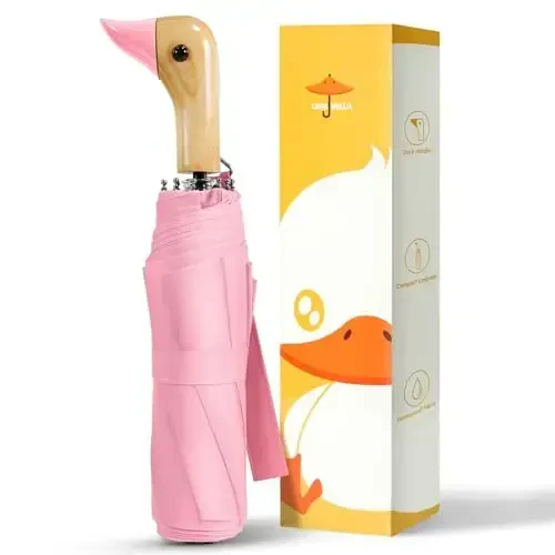 LEAGERA Compact Small Umbrellas for Rain&Sun, Cute Design Duck Head Umbrella for Girls Gifts, 8 Ribs Folding Umbrella with Wooden Handle 