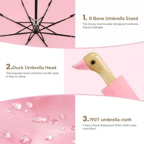 LEAGERA Compact Small Umbrellas for Rain&Sun, Cute Design Duck Head Umbrella for Girls Gifts, 8 Ribs Folding Umbrella with Wooden Handle - 5