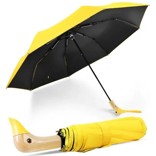 LEAGERA Compact Small Umbrellas for Rain&Sun, Cute Design Duck Head Umbrella for Girls Gifts, 8 Ribs Folding Umbrella with Wooden Handle 