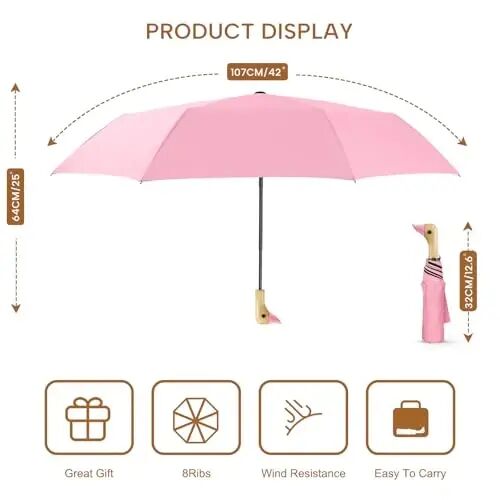 LEAGERA Compact Small Umbrellas for Rain&Sun, Cute Design Duck Head Umbrella for Girls Gifts, 8 Ribs Folding Umbrella with Wooden Handle - 2