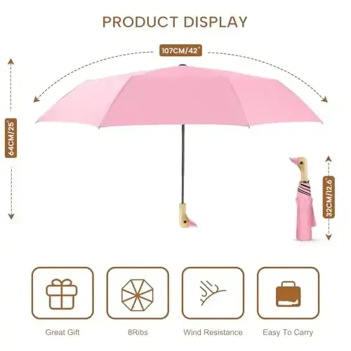 LEAGERA Compact Small Umbrellas for Rain&Sun, Cute Design Duck Head Umbrella for Girls Gifts, 8 Ribs Folding Umbrella with Wooden Handle - 2