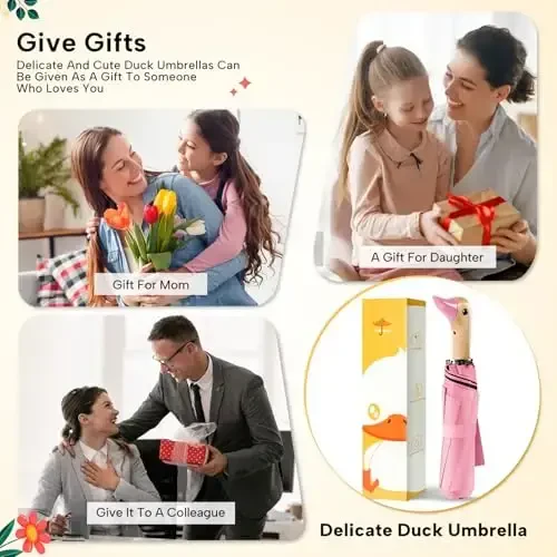 LEAGERA Compact Small Umbrellas for Rain&Sun, Cute Design Duck Head Umbrella for Girls Gifts, 8 Ribs Folding Umbrella with Wooden Handle - 4