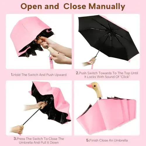 LEAGERA Compact Small Umbrellas for Rain&Sun, Cute Design Duck Head Umbrella for Girls Gifts, 8 Ribs Folding Umbrella with Wooden Handle - 6