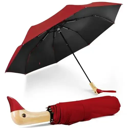 LEAGERA Compact Small Umbrellas for Rain&Sun, Cute Design Duck Head Umbrella for Girls Gifts, 8 Ribs Folding Umbrella with Wooden Handle - LEAGERA