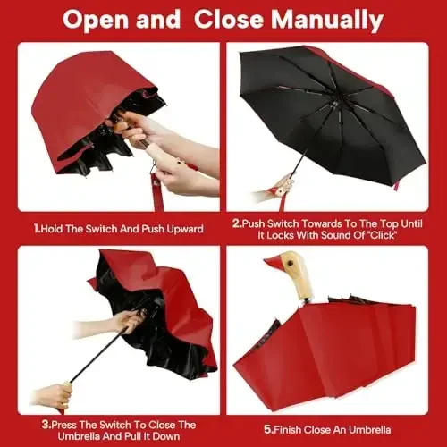LEAGERA Compact Small Umbrellas for Rain&Sun, Cute Design Duck Head Umbrella for Girls Gifts, 8 Ribs Folding Umbrella with Wooden Handle - 6