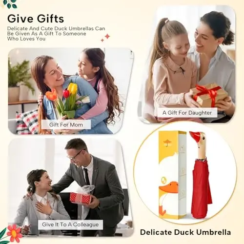 LEAGERA Compact Small зонтиклар Rain&Sun учун, Қизлар совғалари учун Cute Design Duck Head зонтик, Ёғоч дастали 8 та қаватли зонтик - 4