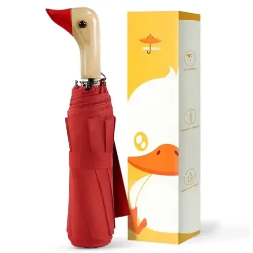 LEAGERA Compact Small зонтиклар Rain&Sun учун, Қизлар совғалари учун Cute Design Duck Head зонтик, Ёғоч дастали 8 та қаватли зонтик - 1
