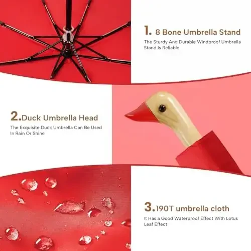 LEAGERA Compact Small зонтиклар Rain&Sun учун, Қизлар совғалари учун Cute Design Duck Head зонтик, Ёғоч дастали 8 та қаватли зонтик - 5